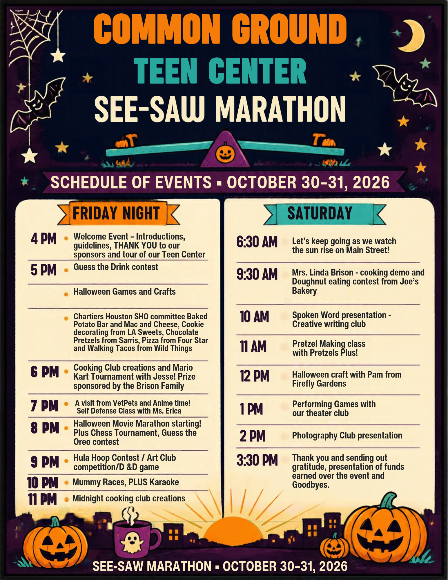 See Saw Marathon Schedule of Events — October 30–31, 2026 at Common Ground Teen Center